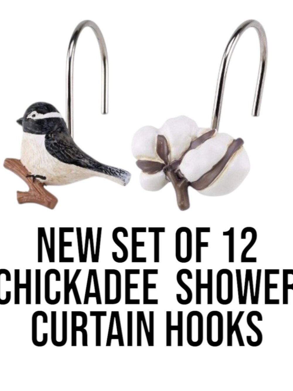 NEW Shower Curtain Hooks Multicolor Chickadee Bird Bathroom Decor Cotton Ball Pl